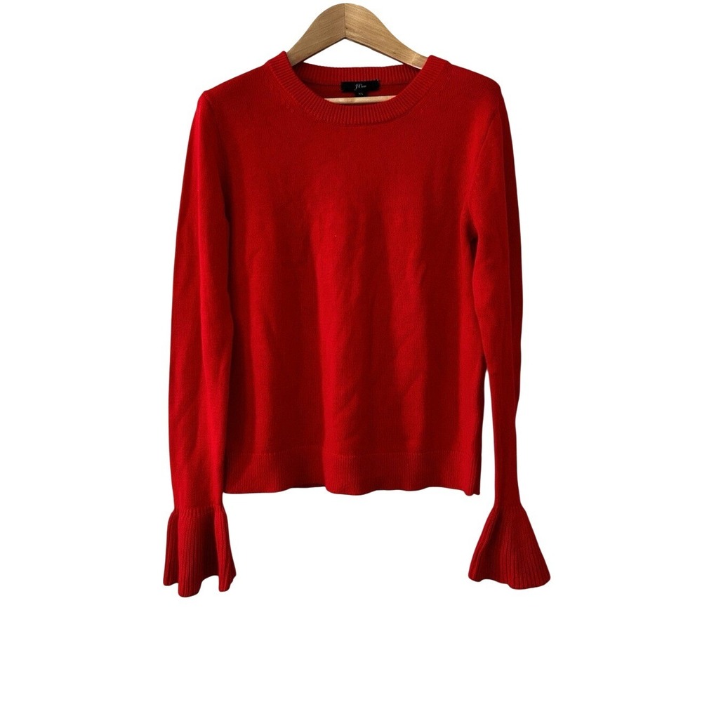 J.Crew Bright Cerise Red Crewneck Bell‎ Sleeve Ruffle Cuff Sweater XS NWT